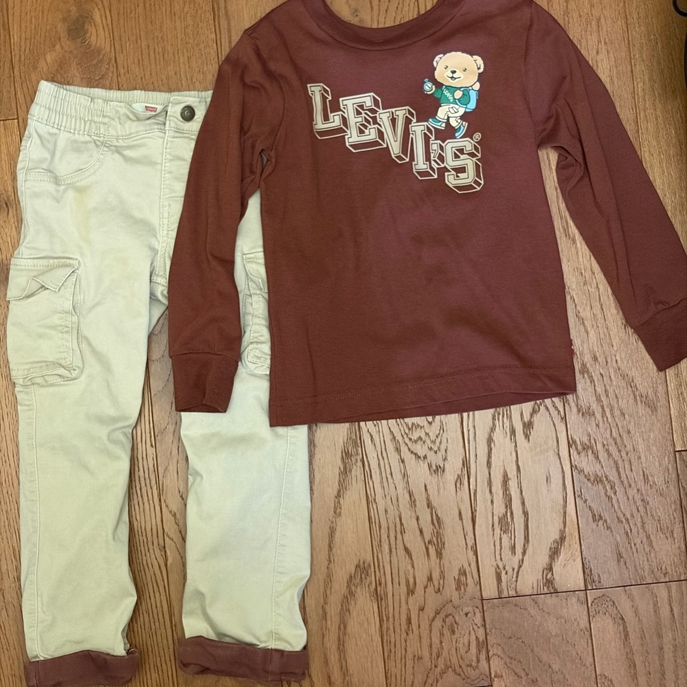 Levi's Maroon Bear Graphic Shirt with Light Tan Cargo Pants